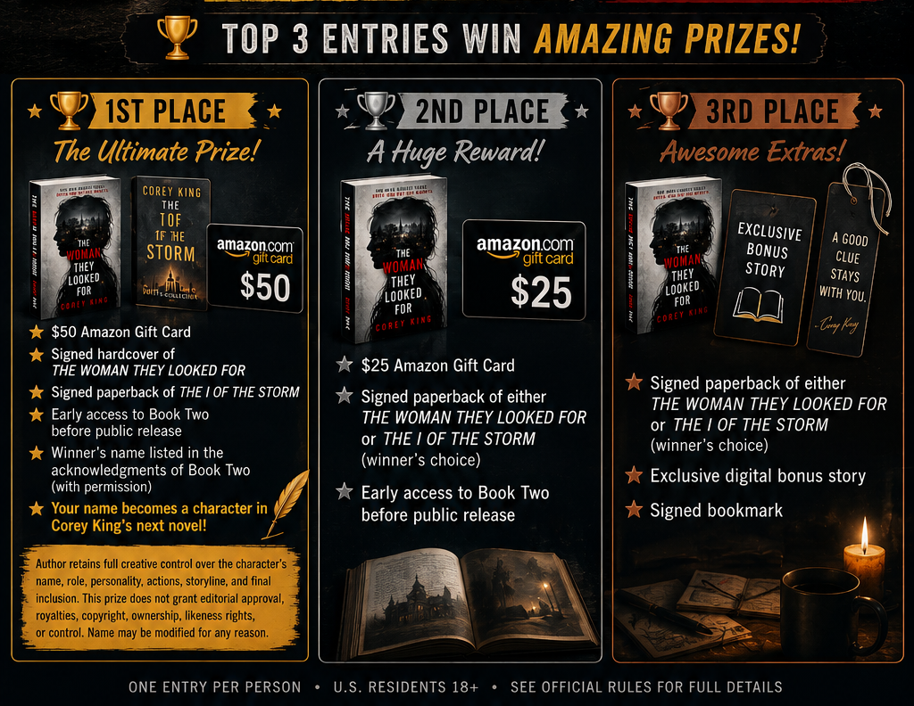 Reader Detective Challenge prize summary showing first, second, and third place prizes